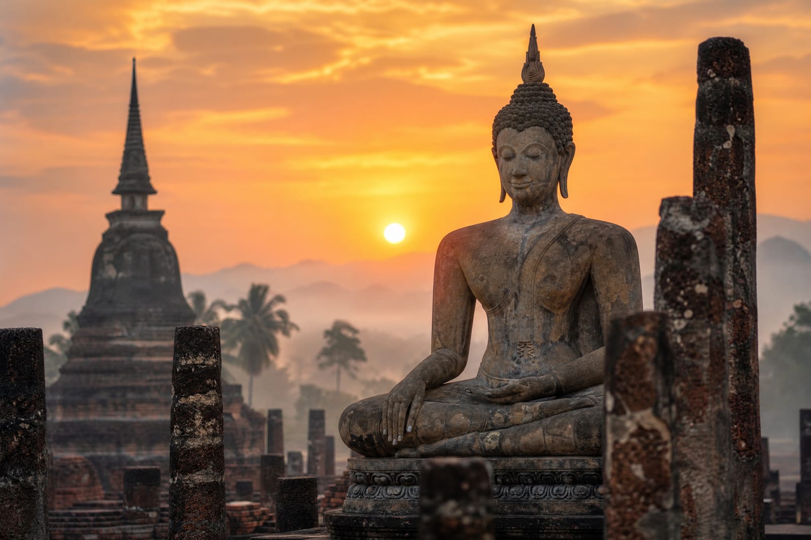 Temples de Sukhothai au lever du soleil
